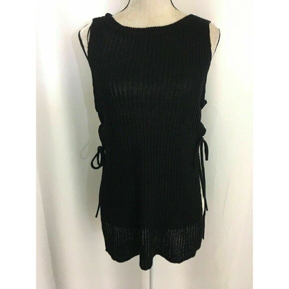 RD Style Womens Solid Black Lace Up Cable Knit Sweater Tank Top Small - Picture 1 of 6